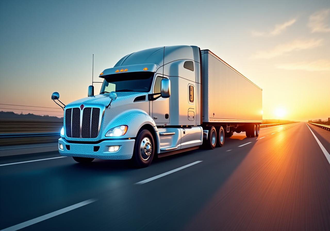 Modern trucking fleet with digital overlay representing logistics software