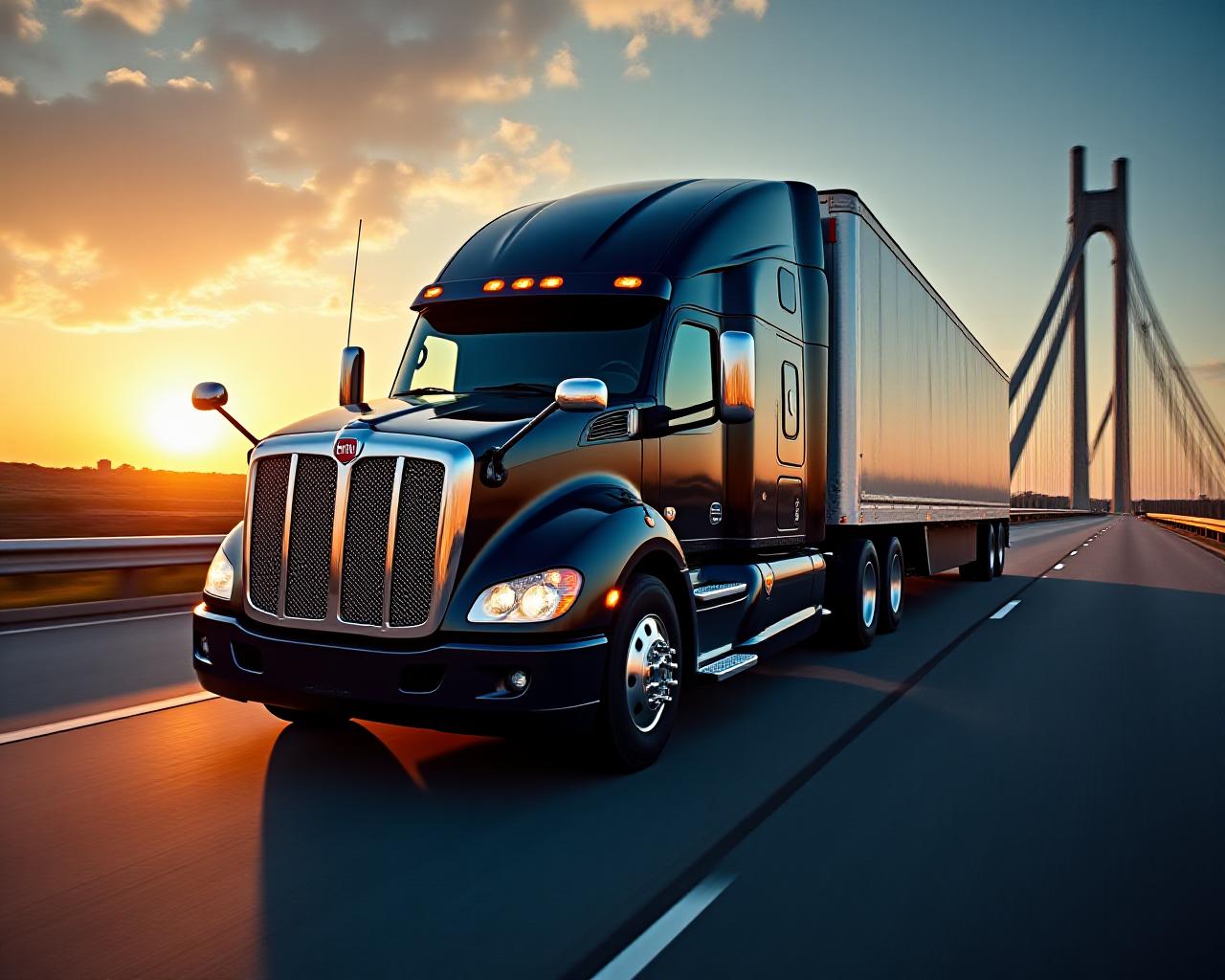 A modern heavy-duty truck on a Houston highway at sunset
